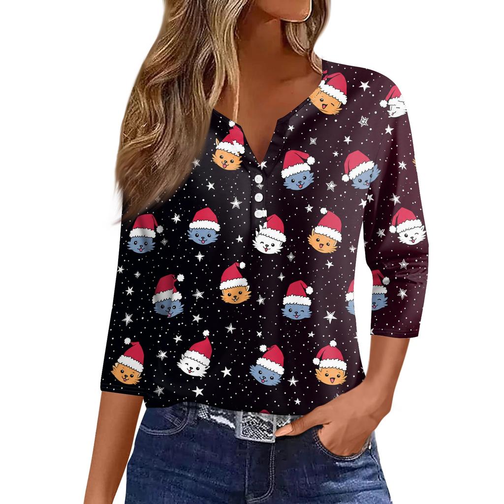 Women's Casual Christmas Print V-Neck 3/4 Sleeve Button T-Shirt