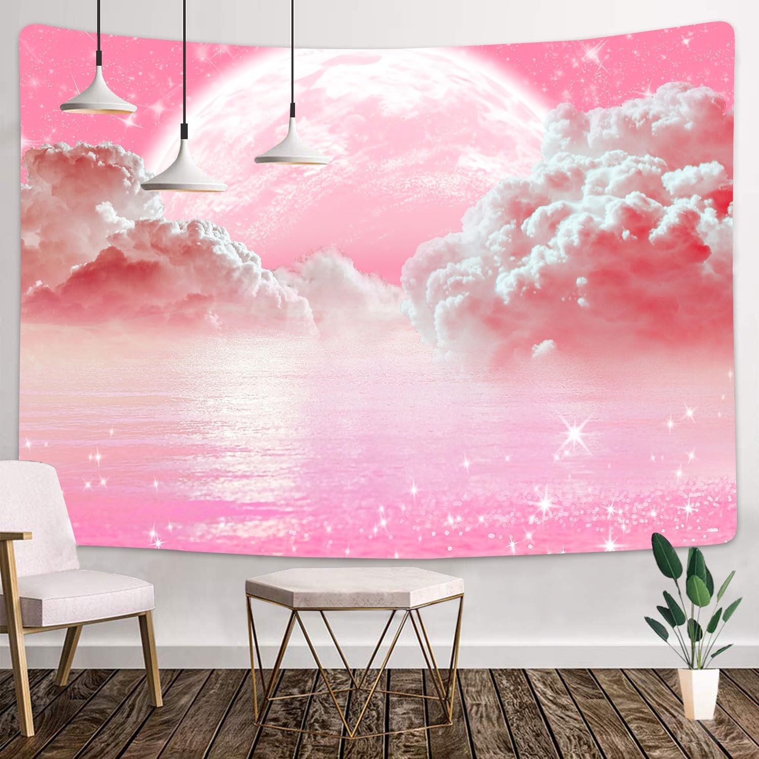 Pink Clouds Sky Tapestry Ocean Moon Stars Nature Landscape Tapestry Fantasy White Cloud Aesthetic Tapestries Wall Hanging for Girls Women Nursery 40 L x 60 W
