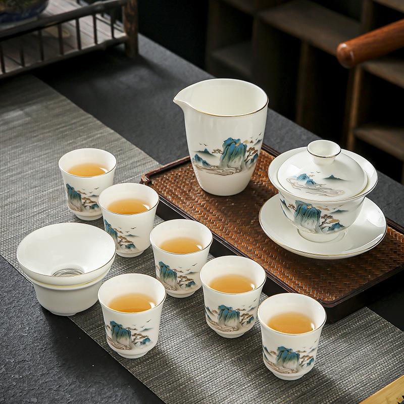 White Porcelain Full Set of Kung Fu Ceramic Tea Set Household Set Gift Box Suet Jade Business Gift Box a Set of Chinese High-end