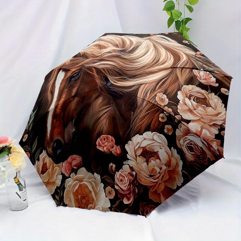 1pc Elegant Horse Portrait & Floral Frame Automatic Folding Umbrella - 8-Rib Compact Lightweight Retractable Travel Umbrella,