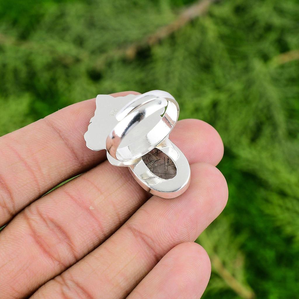 Oval Natural Black Rutilated Quartz Sterling Silver Anniversary New Promise Ring