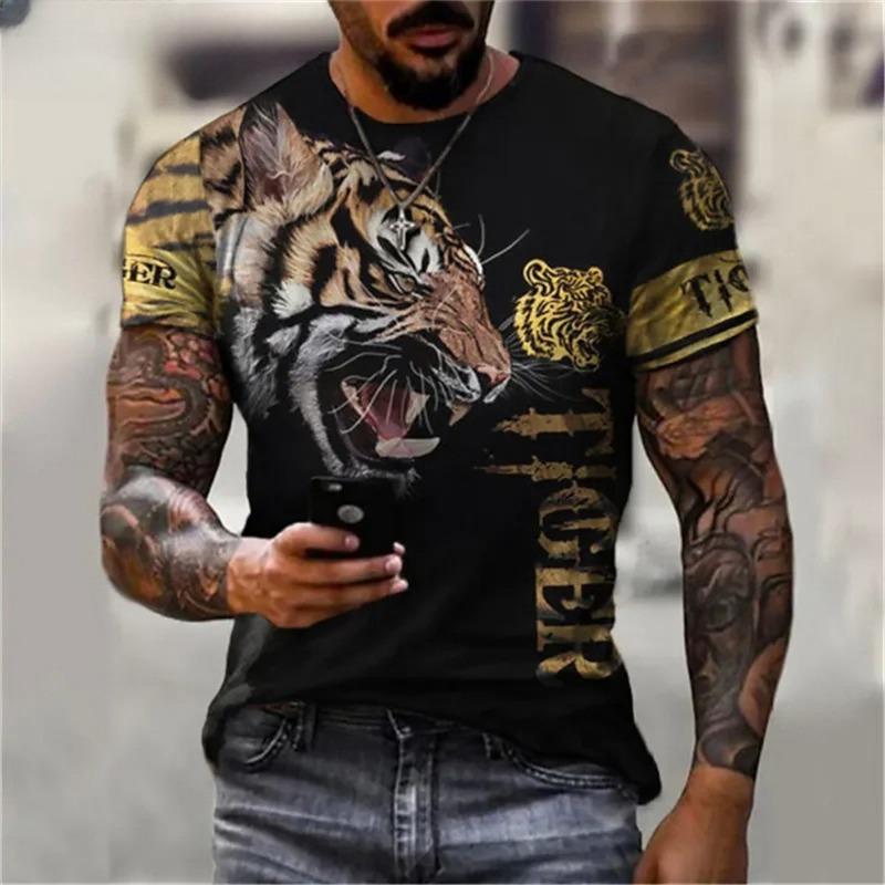 Męski T-shirt z krótkim rękawem z okrągłym dekoltem i nadrukiem cyfrowym 3D tygrysa - Modny Oddychający Wygodny Top na Lato Oversize