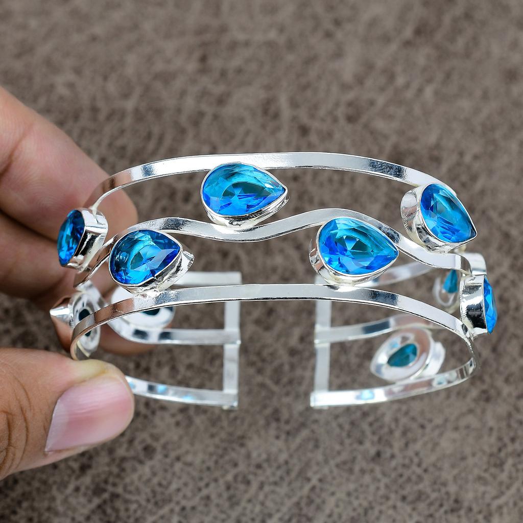 Swiss Blue Topaz Gemstone 925 Sterling Silver Cuff Bangle Adjustable KKG-201