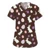 Abbigliamento da lavoro a maniche corte con scollo a V alla moda da donna con top stampati con tasche