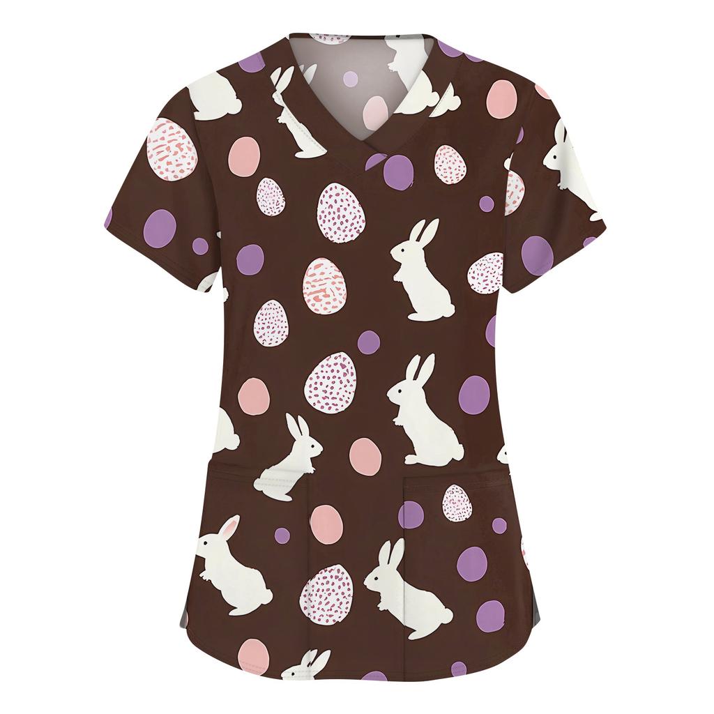 Abbigliamento da lavoro a maniche corte con scollo a V alla moda da donna con top stampati con tasche