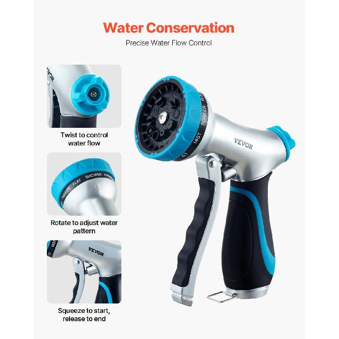 VEVOR Hose Nozzle, 10 Adjustable Spray Patterns, Metal Water Nozzle with Comfortable Ergonomic Grip, Garden Nozzle Sprayer with Flow Control for