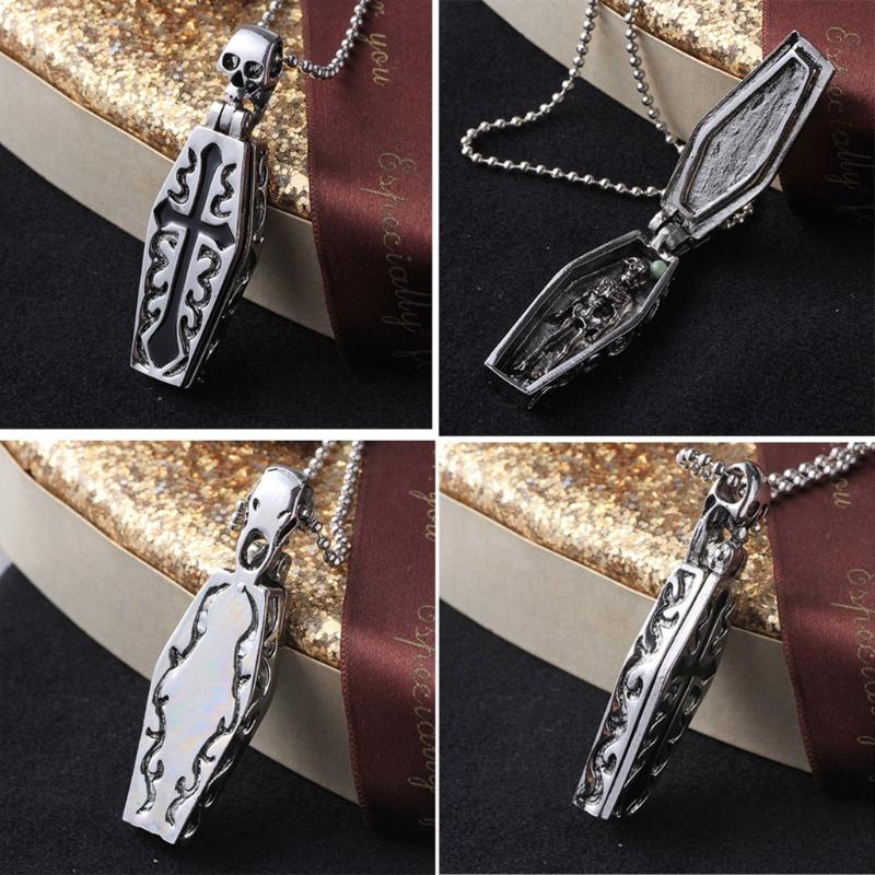 Gothic for Cross Necklace Stainless Steel for Vampire Coffin Pendant Women Men Skull Necklaces Skeleton Jewelry Hallowee