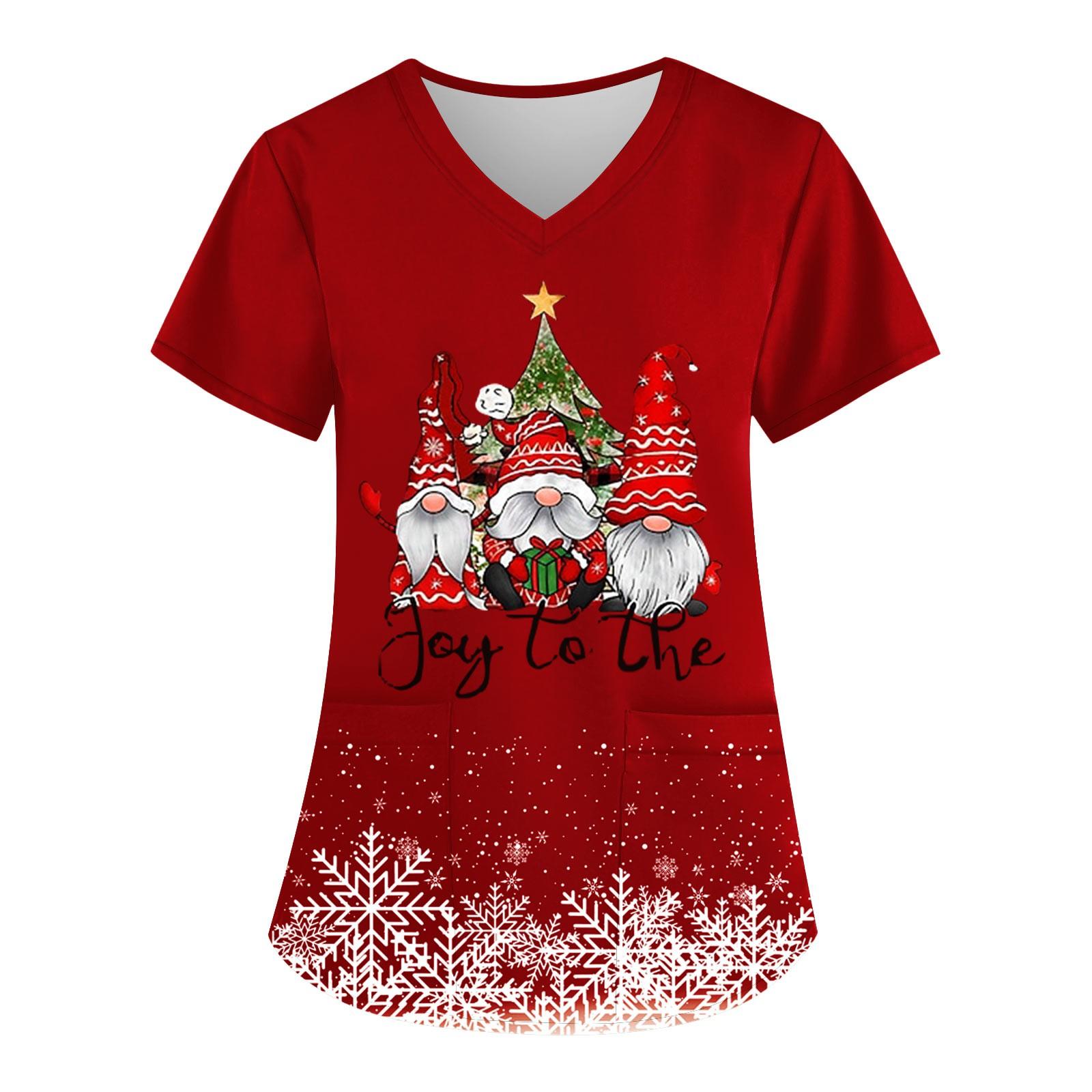 

Женская мода с v-образным вырезом, короткими рукавами и карманами, топы с рождественским принтом L разноцветный