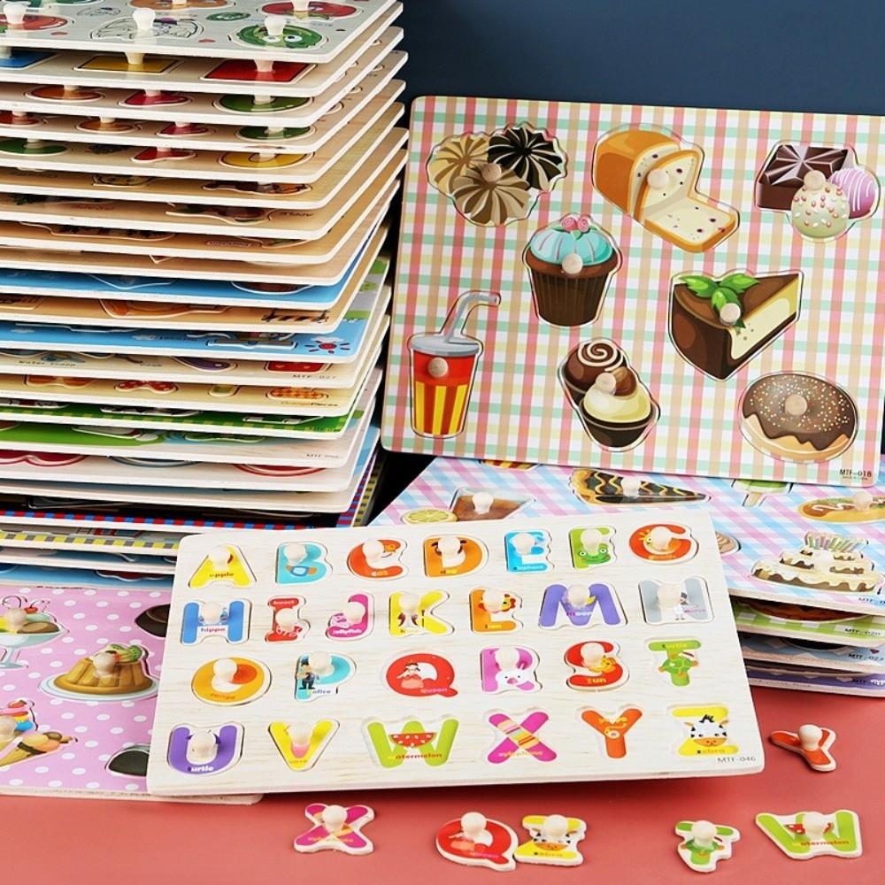 Cartoon Grasp Boards 3D Wooden Puzzle Animal Digit Grasp Boards Puzzle Sensory Play Alphabet Montessori Learning Children