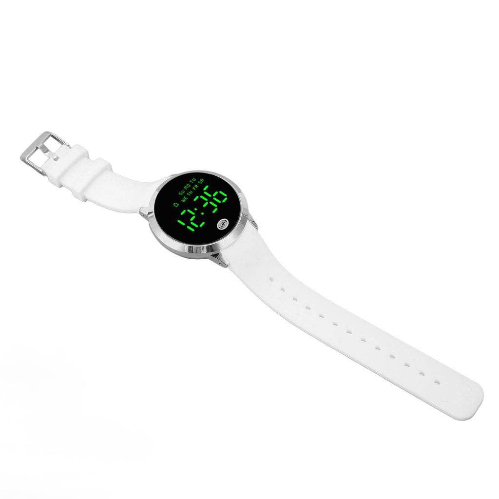Men Digital Watch Round Color Screen Waterproof Backlit Ultra Thin Stylish Alarm Sports Watch Silver Shell White Belt