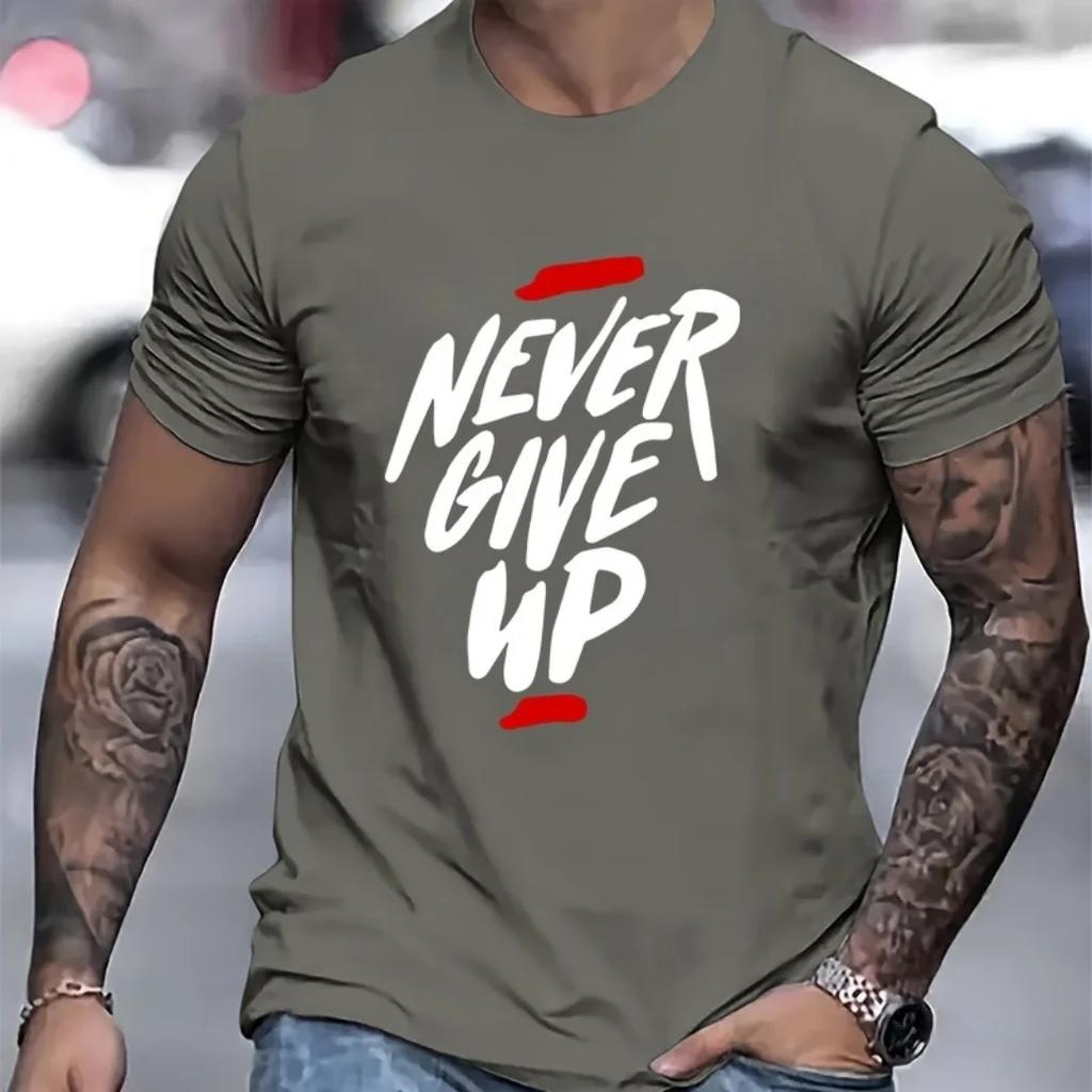 Never Give Up Letter Print T-Shirt Atmungsaktiv für draußen Fitness Kurzarm Sommer Freizeit Oberteile Trend Street Unisex Kleidung