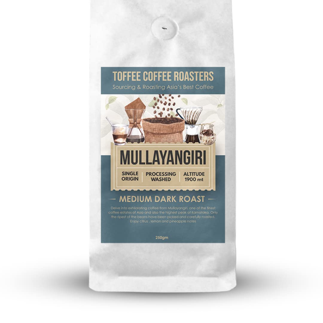 Toffee Coffee Roasters | Mullayanagiri Coffee, Medium Dark Roast, 250 g | Grind: Whole Beans, Single Origin, 100% Arabica | Speciality Coffee | Fre