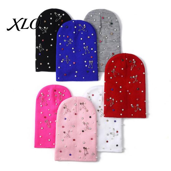 Soft Yarn Warm Cap Colorful Rhinestone Knitted Hat, Faux Pearl Safety Pin Punk Knit Stylish Music Festival Hat Bling Winter Hip Hop for Women