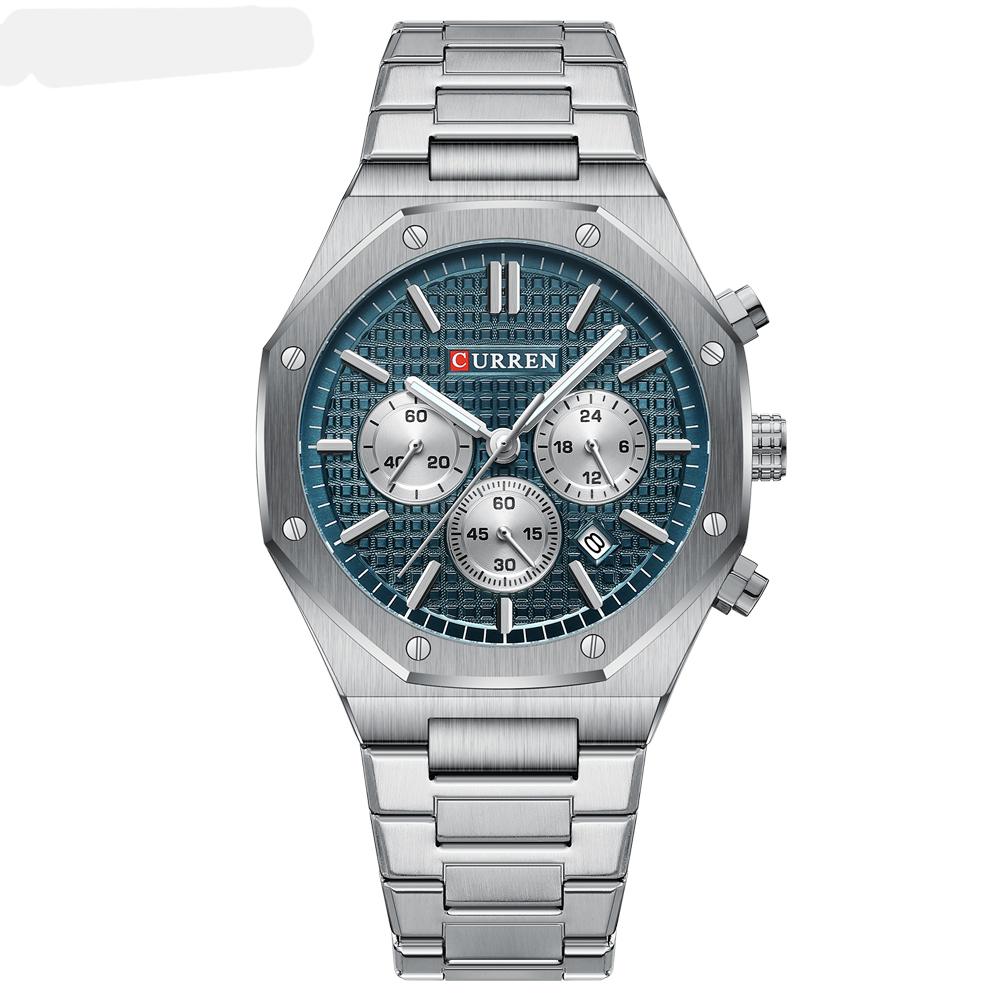 CURREN Fashion Quartz Square Design Dial Sports Stainless Steel Bracelet Luminous Hands Wrist Watches with Chronograph Function