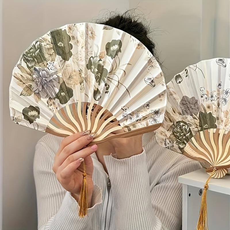Elegant Vintage Watercolor Painting Fan with Tassel - Portable Chinese Style Dance Fan, Handheld Ornament Suit… More