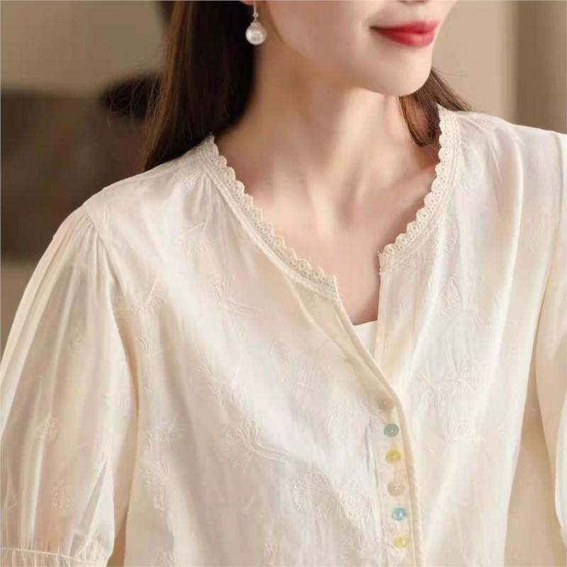 Johnature Woman Summer Fashion Embroidery Cotton Short Sleeves Shirt Chinese Style Vintage Solid Color Loose Shirt