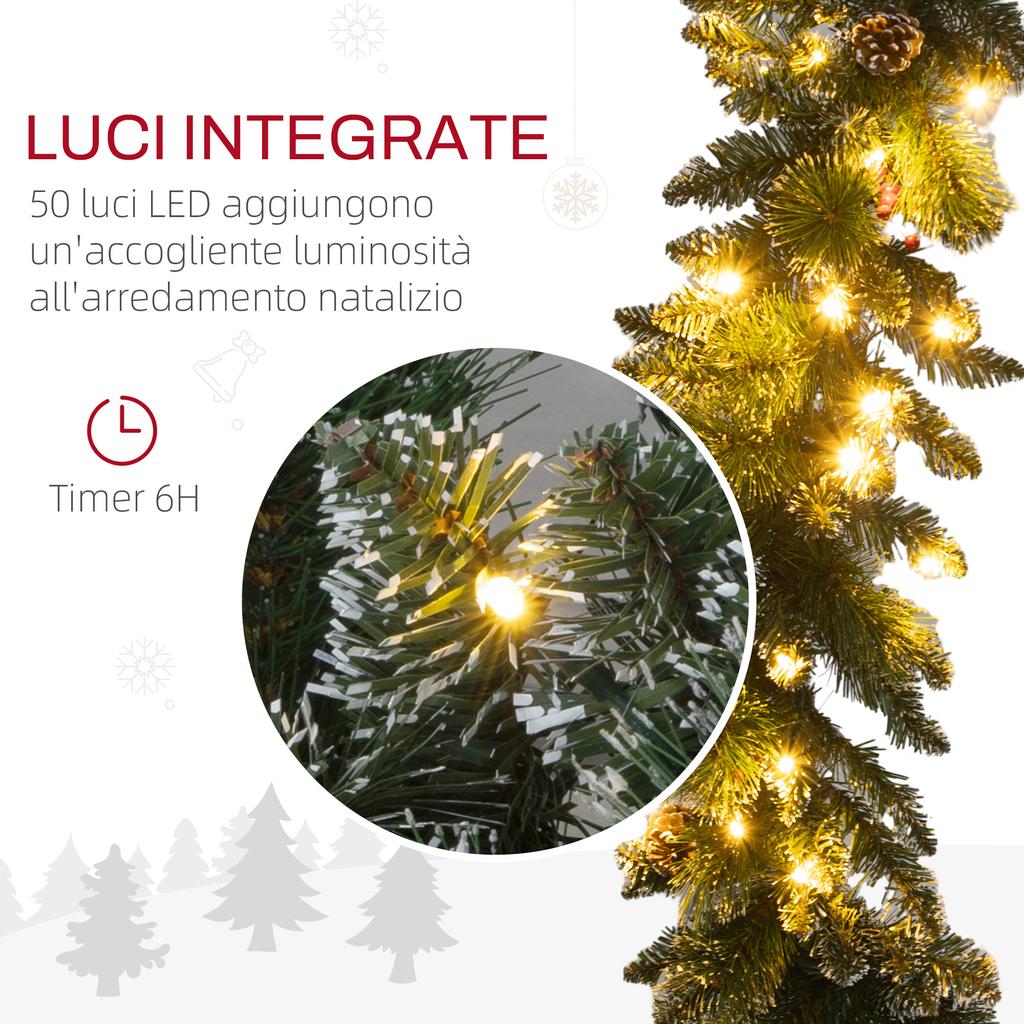 Christmas Garland with 50 White LED Lights and Decorations, In Plastic and Metal, 180x30x30 Cm, Green