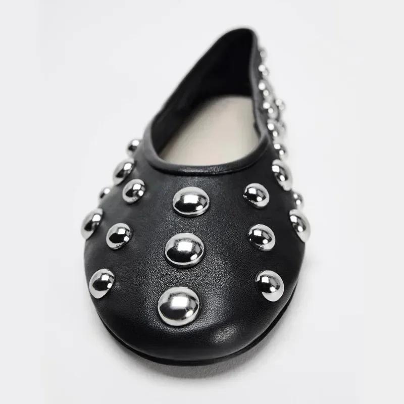 Fashion Fashion Black Rivet Design Ballet Flats Women Comfort Soft Leather Low Heeled Loafers Luxury Designer Flat Shoes Zapatos Mujer