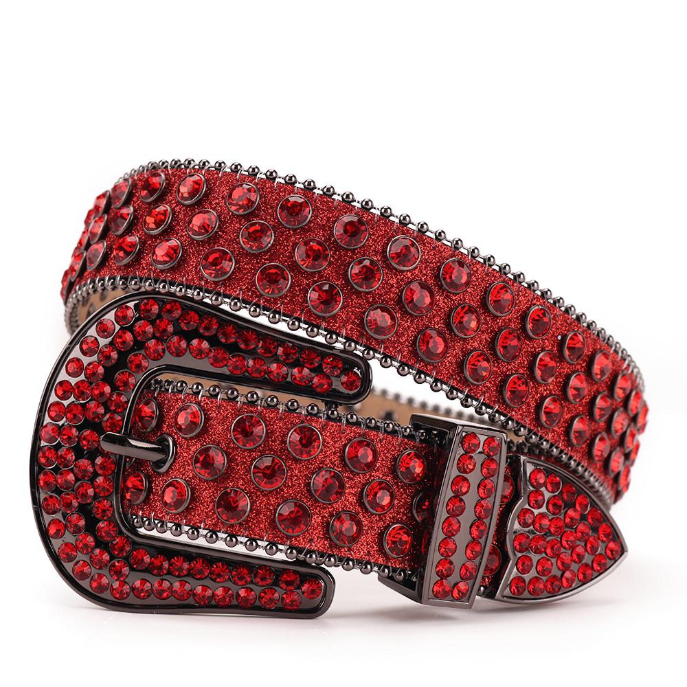 Customized Buckle Logo Red Bridal Rhinestone Belt for Women Western Cowgirl Bling Bling Diamond Studded Leather Belt for Dress