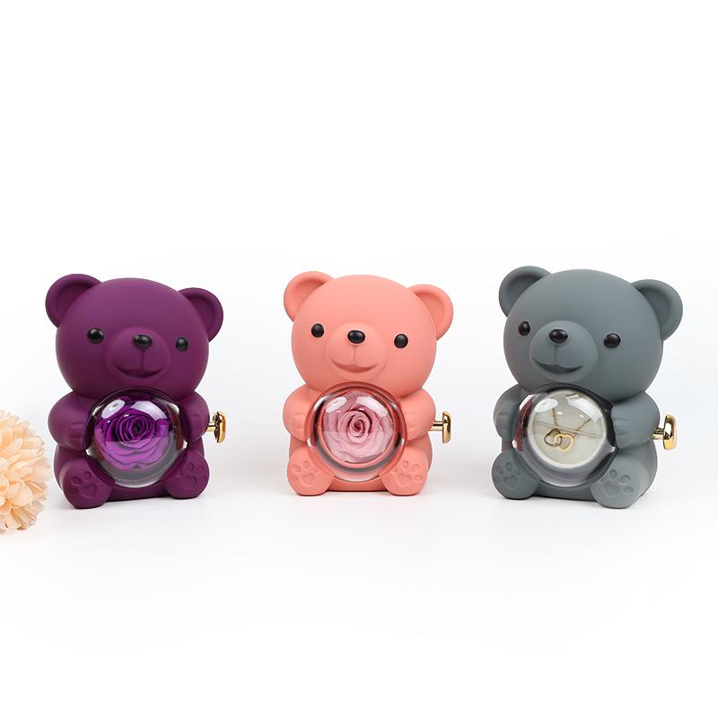 Set Regalo Fiore di Rosa Eterno & Collana con Scatola Portagioie Rotante in Acrilico e Orsacchiotto