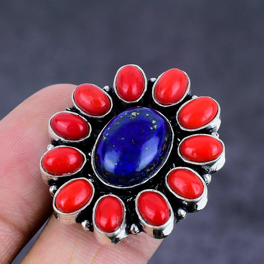 Lapis Lazuli, Coral Gemstone 925 Sterling Silver Jewelry Ring Size 7