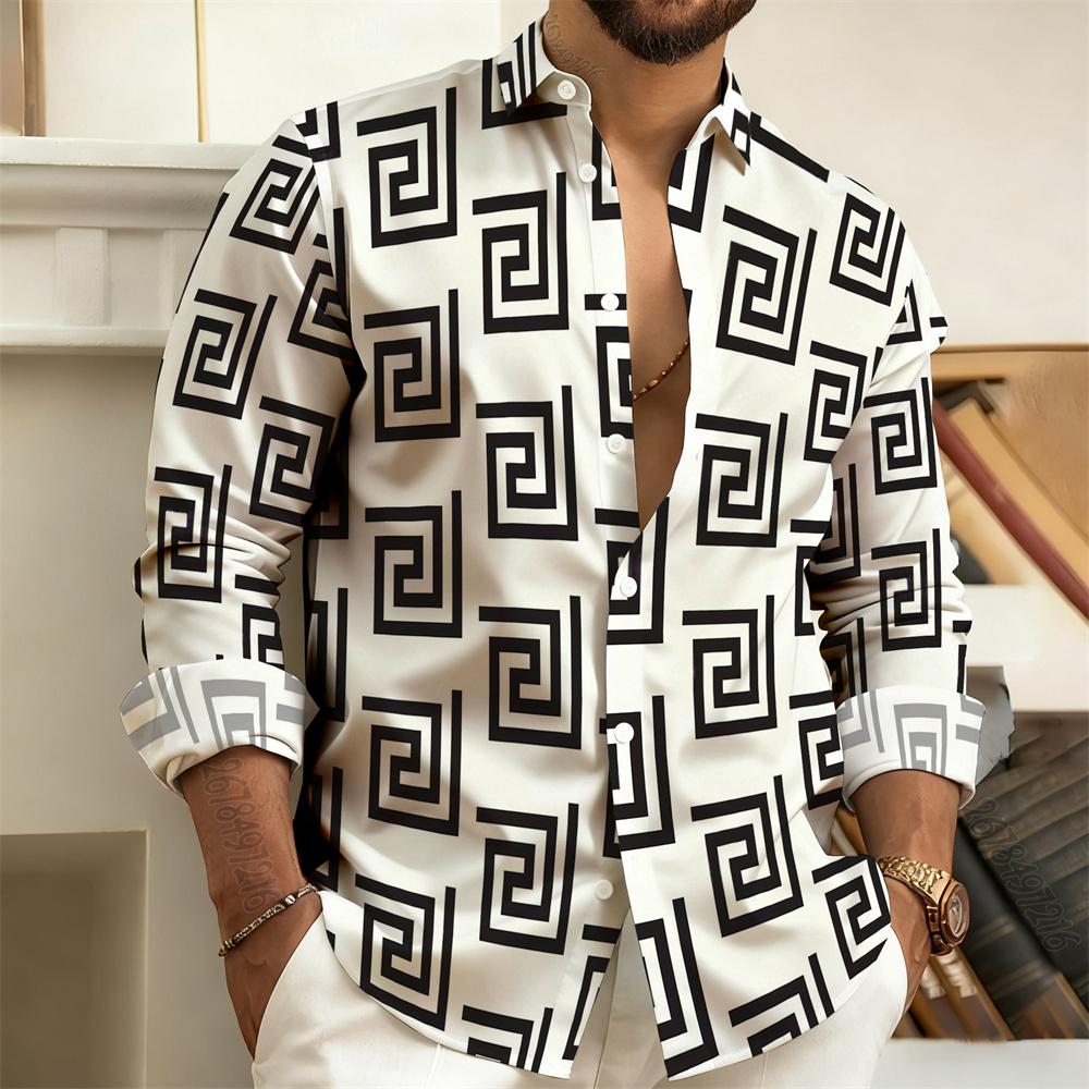 Men's Lapel Long-Sleeved Shirt with Printed Greek Key Pattern, Stylish, Handsome, Vintage, and Comfortable Men's Top.