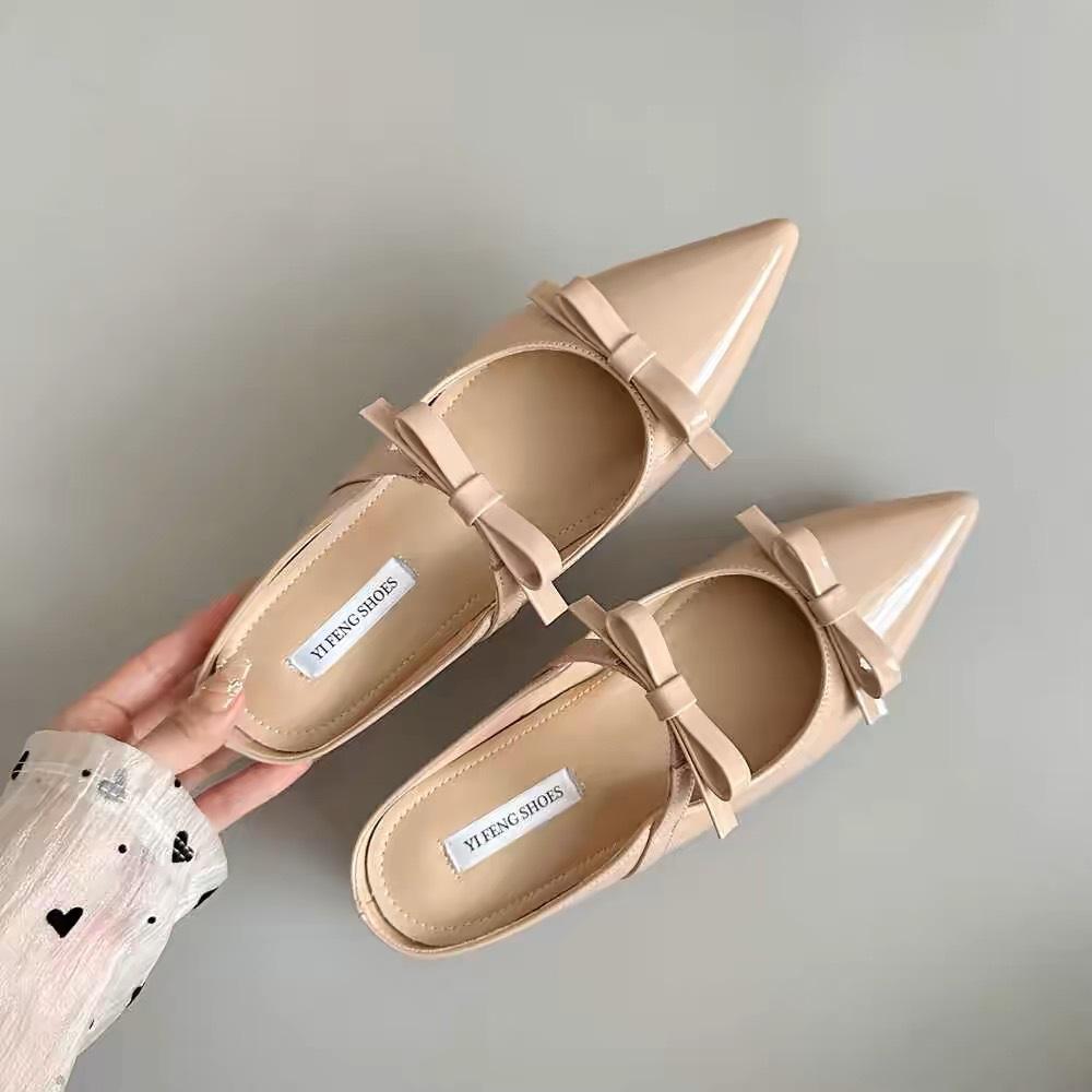 Naked pointed head increases by 4 cm, double bow French lazy gentle half-drag bag head shoes wear women's cool slippers