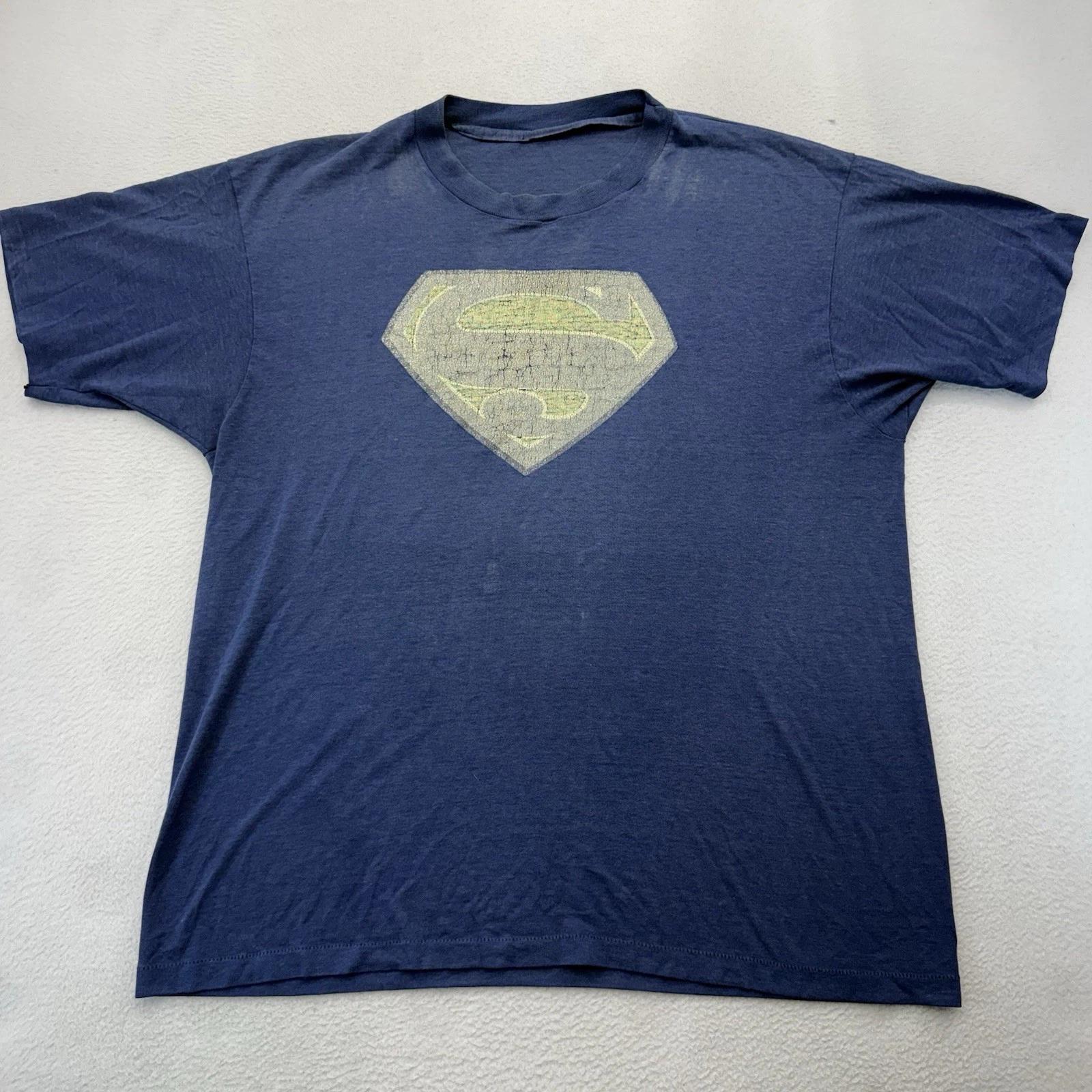 

Vintage 80s Superman Shirt L Blue Single Stitch USA Glitter DISTRESSED THIN S