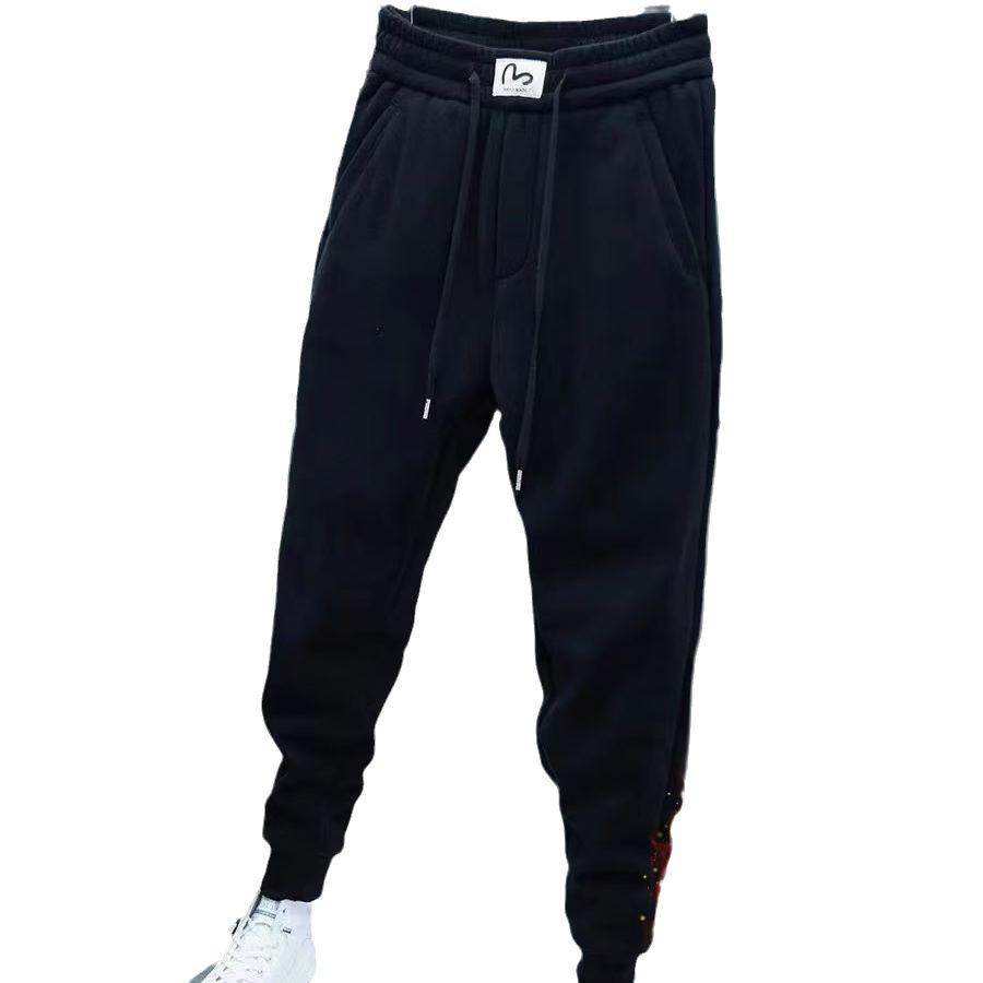 Men's Winter Korean Style Trendy Nine-Point Drawstring Sports Pants with Stretch and Velvet