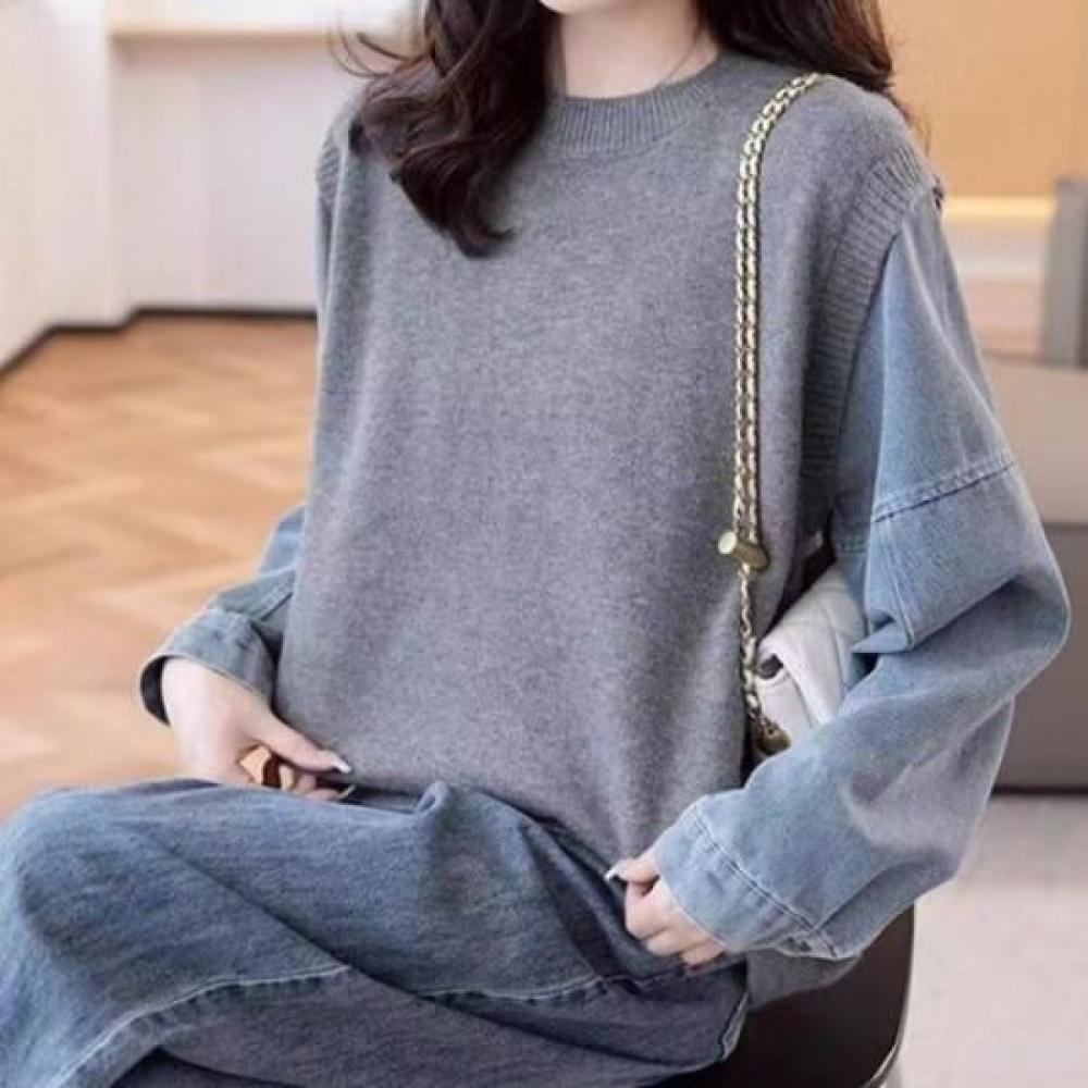 Navava Women Denim 2in1 KniT Long Sleeve T shirT Nk2820