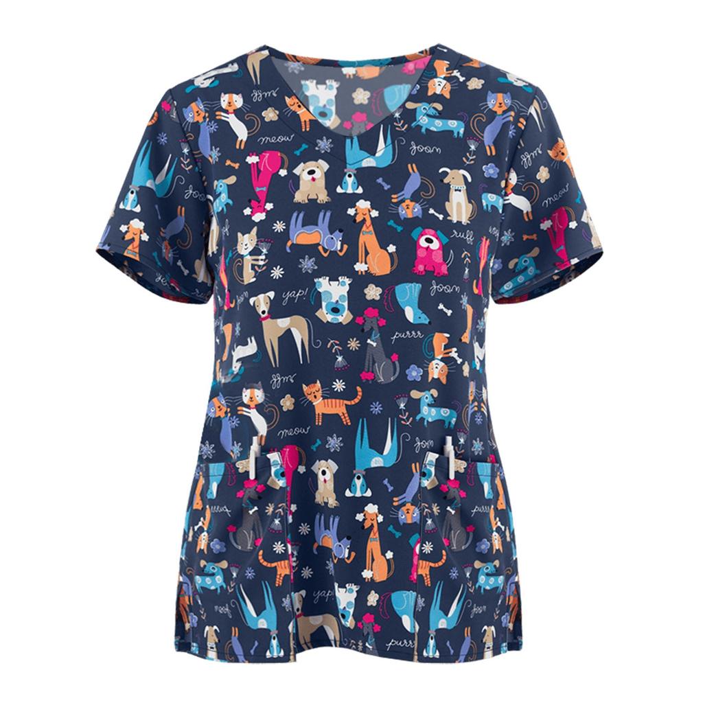 Kvinner Kortermet V-hals tegneseriemønster Topper Arbeidsuniform T-skjorter