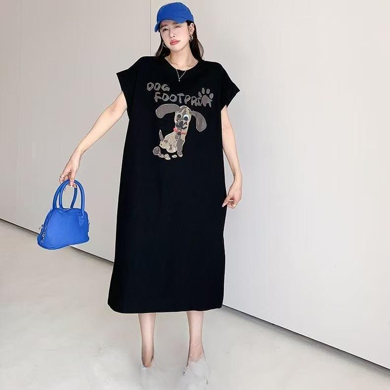 Plus-size Cartoon T-shirt Dress, Summer  Loose Mid-length Dress, Round-neck Slit Dress