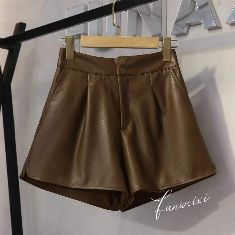 

Раннеосенний комплект из брюк с высокой талией, облегающих фигуру, из ПУ-кожи с широкими штанинами и повседневной короткой юбки - Универсальный и модный. L кофейный