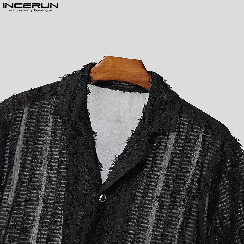 INCERUN Oversized Men Casual Lapel Neck Short Sleeve Tassel See Through Loose Shirts