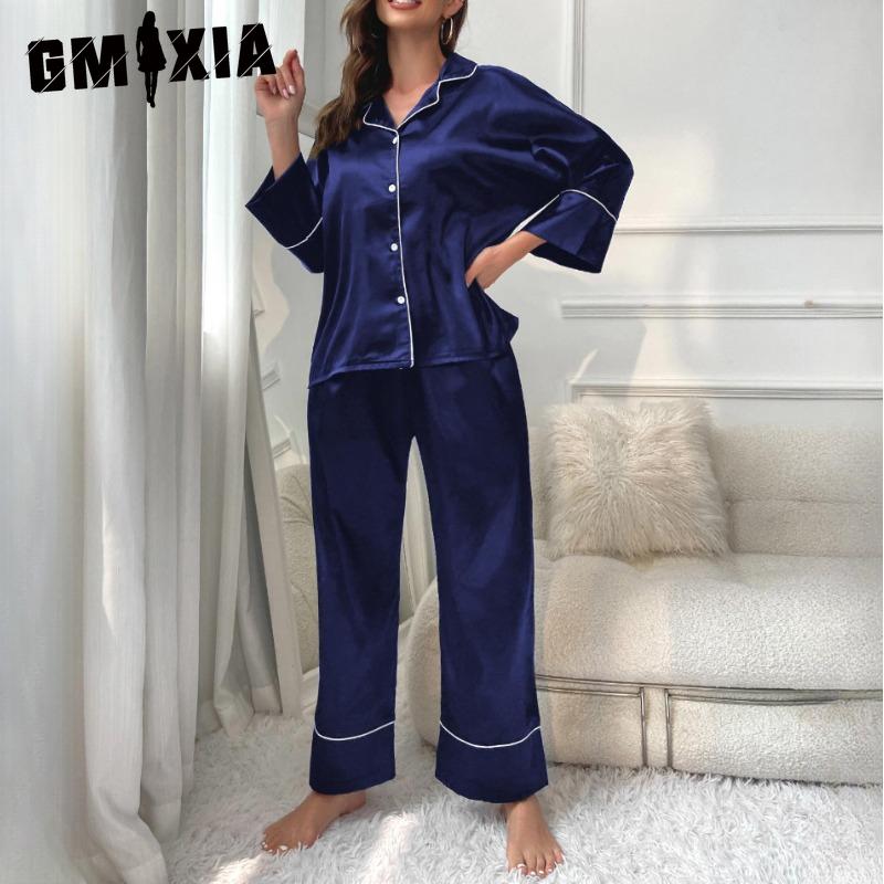 

GMXIA Simulation Silk Pajamas Women s Autumn and Winter Long-sleeved Pajamas Trousers Homewear Suit Can Be Worn Outside! S темно-синий