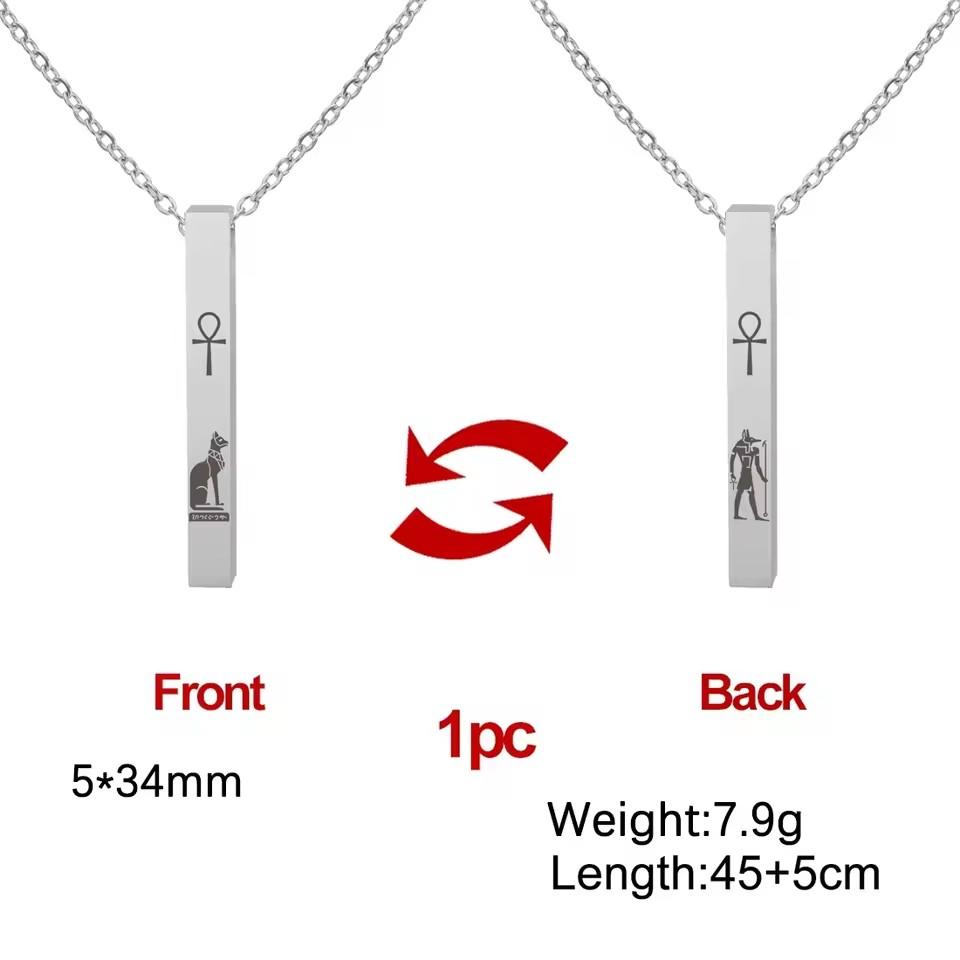 Lemegeton Egyptian Cat Goddess Bastet Necklace Stainless Steel Ancient Egypt Ankh Cross Symbol Necklaces Square Amulet Jewelry 45-50cm