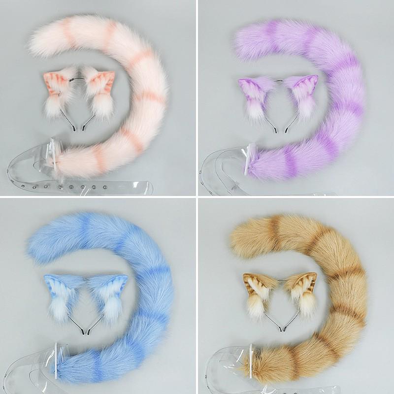 Set Fascia con Orecchie da Gatto in Peluche e Coda Costume Cosplay Festa Accessorio Tema Animale