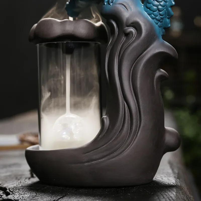 Dragon Backflow kadidlo s krytem odolným proti větru a LED světlem Vánoční domácí dekorace Lucky Feng Shui ozdoby – žádné kadidlo