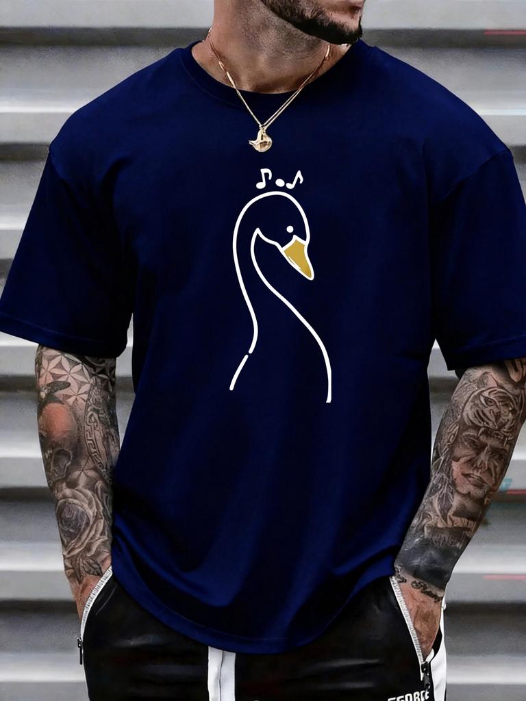 Unisex White Tee Minimal Line Art Singing Swan With Musical Notes Simple Print Crew Neck Loose Casual Male Short Sleeve Tops