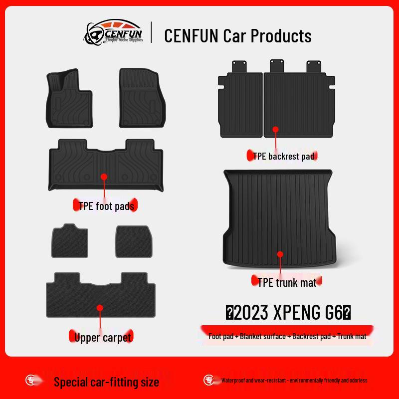 XPeng G6 Car Floor Mats: Wear-Resistant TPE Rear Seat Backrest Pad & Trunk Mat.
