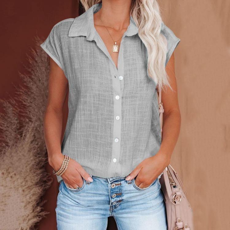 Women Casual Short Sleeve Shirt Summer Solid Color Lapel Top Single Breasted Blouse