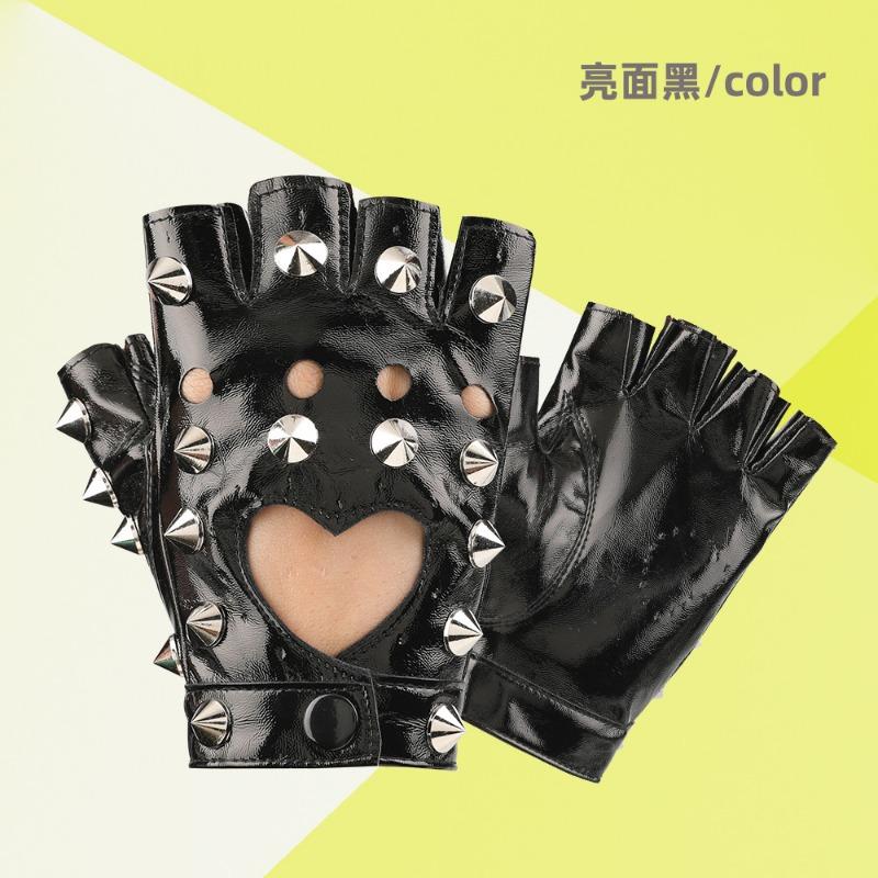 

Перчатки для танцевальных выступлений, реквизит для танца на пилоне, перчатки из кожи с заклепками без пальцев для выступлений в ночном клубе и уличных танцев One size