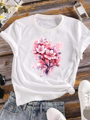 (Asiatisk storlek) Kläder härlig blomtrend söt Mode Tryck Dam Casual Topp Dam Kvinna Kortärmad T-shirt Tee Grafiska T-shirts