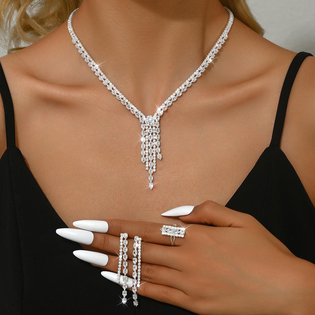 3-teiliges Modeschmuck-Set für Damen, Halskette mit Zirkon-Quaste, Ohrringe, Ringe, Zirkon-Set, Einfach für Hochzeit, Party, Festival-Geschenk-8572