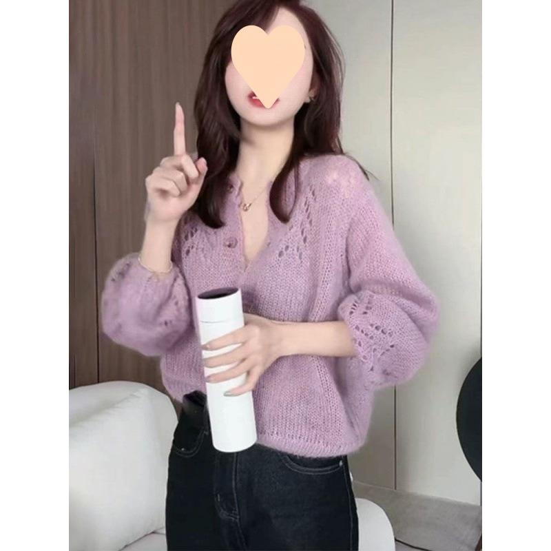 Women's Knitted Cardigan Sweater Coat Spring and Autumn Style Hollow Out Long Sleeve Top
