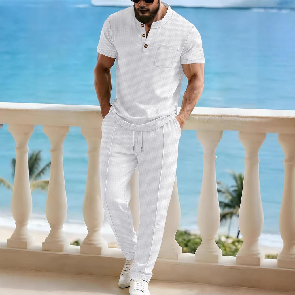 2026 Men's European & American Summer Henley T-Shirt + Drawstring Pants Set