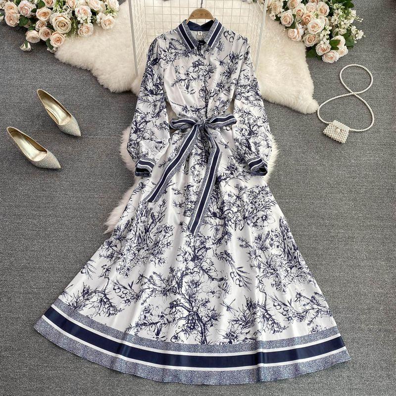 

European Station Spring New Arrival Positioning Print Dress Blue M