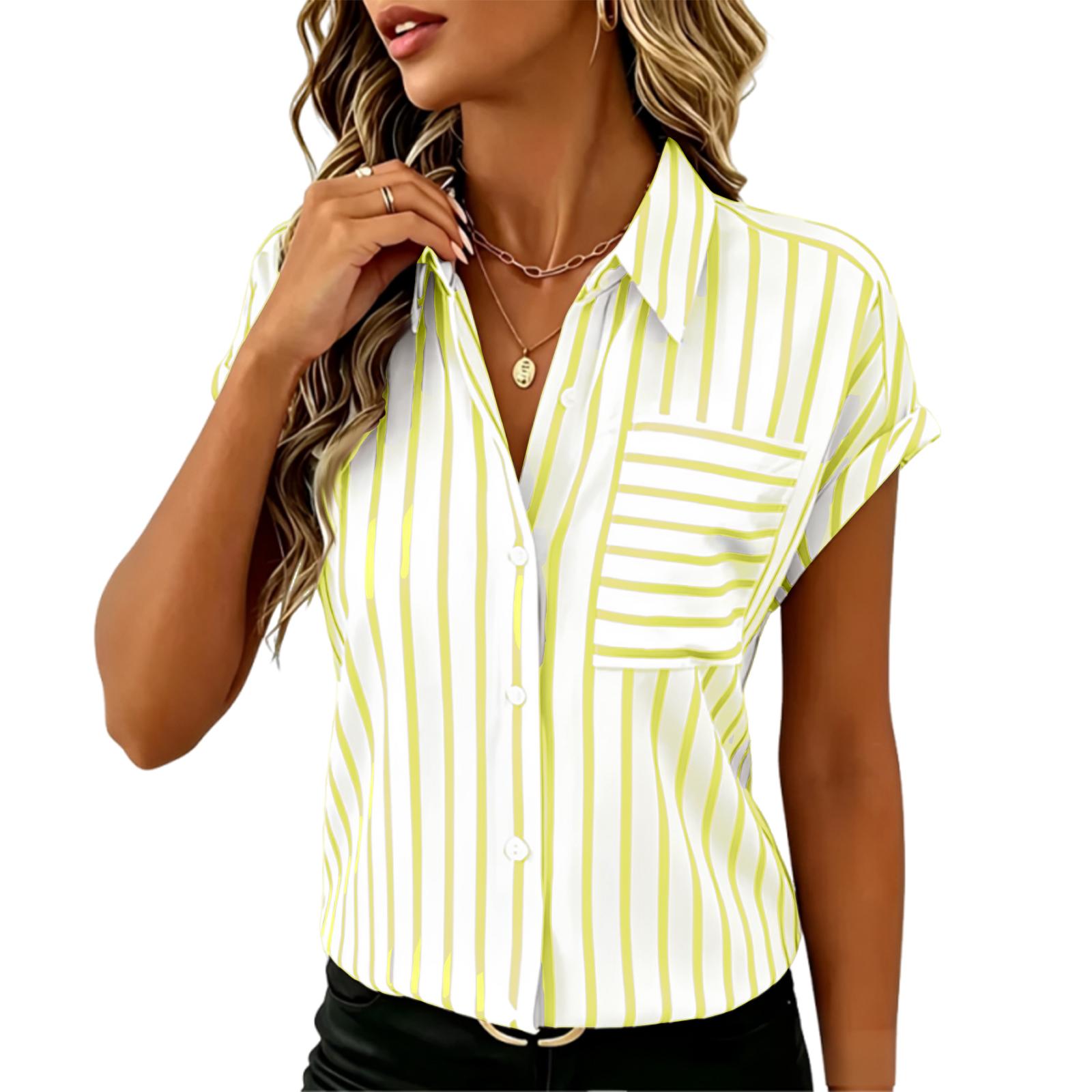 

Women s Summer Off Shoulder Sleeve Button Striped Pocket Women s Shirt XL жовтий