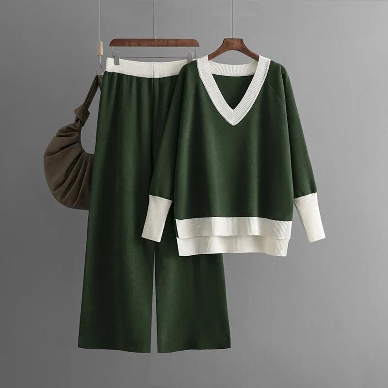 

2026 Autumn Fashion Casual Pants Suit Women Winter New V-neck Contrast Color Sweater Loose Wide Leg Pants Women Two-piece Sets One Size зелений