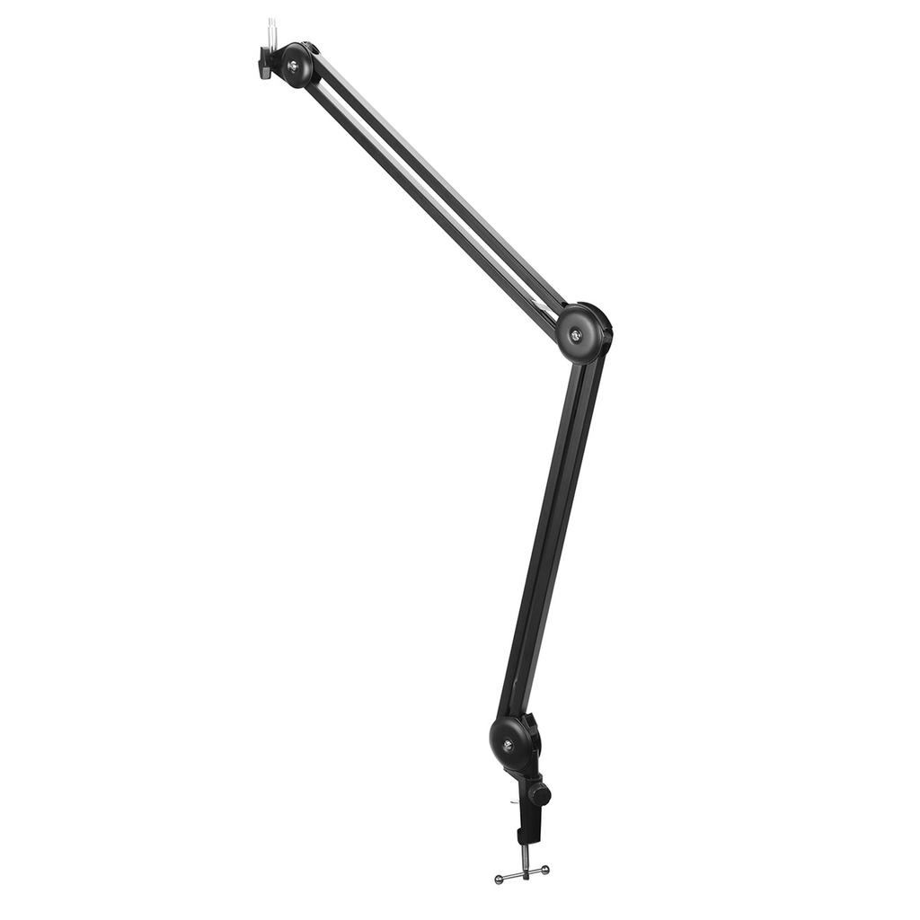 Adjustable microphone arm stand with shock-mounted basket for desk - black